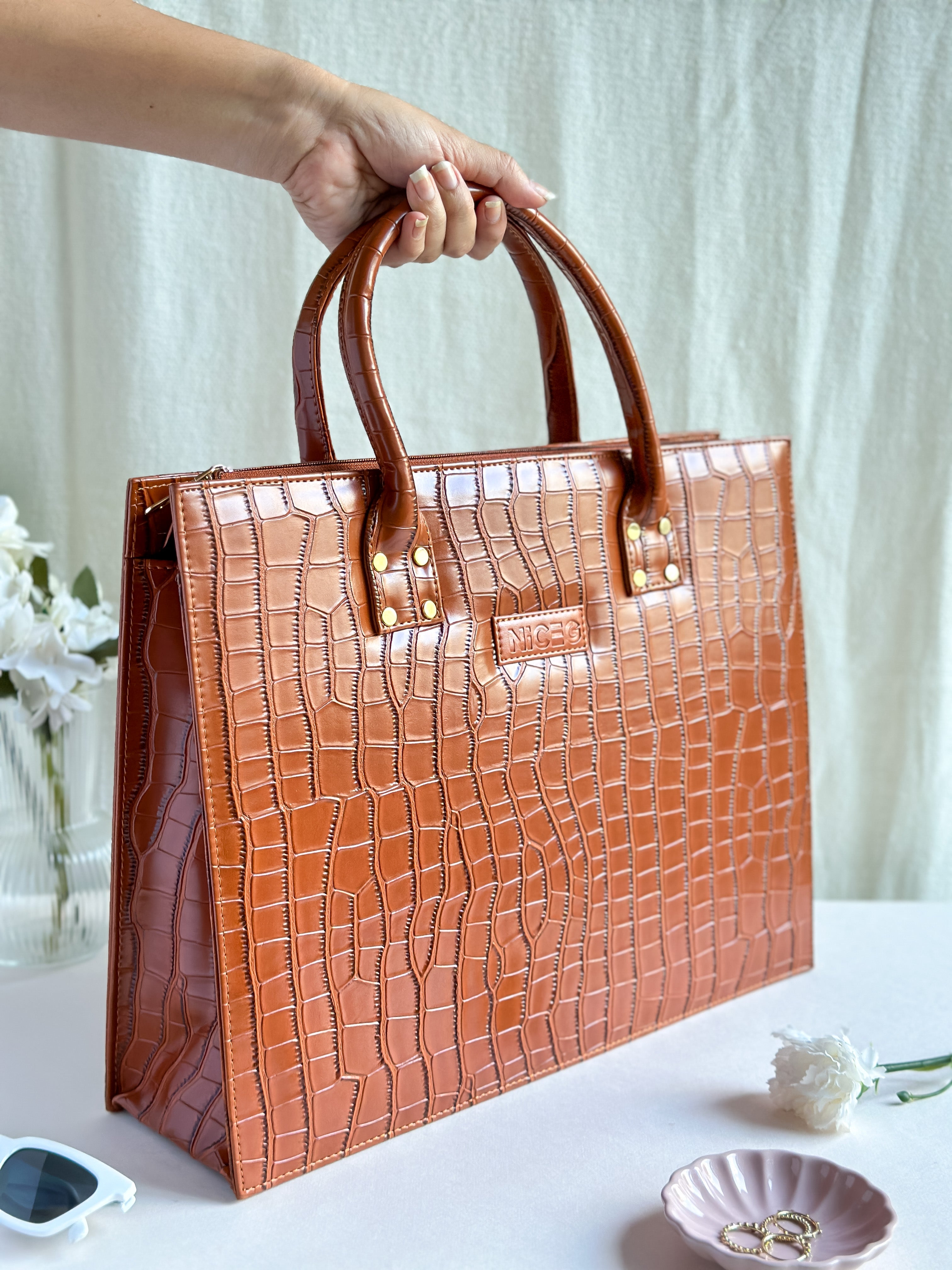 Croc Luxe Tote – Structured Work Bag – Brown
