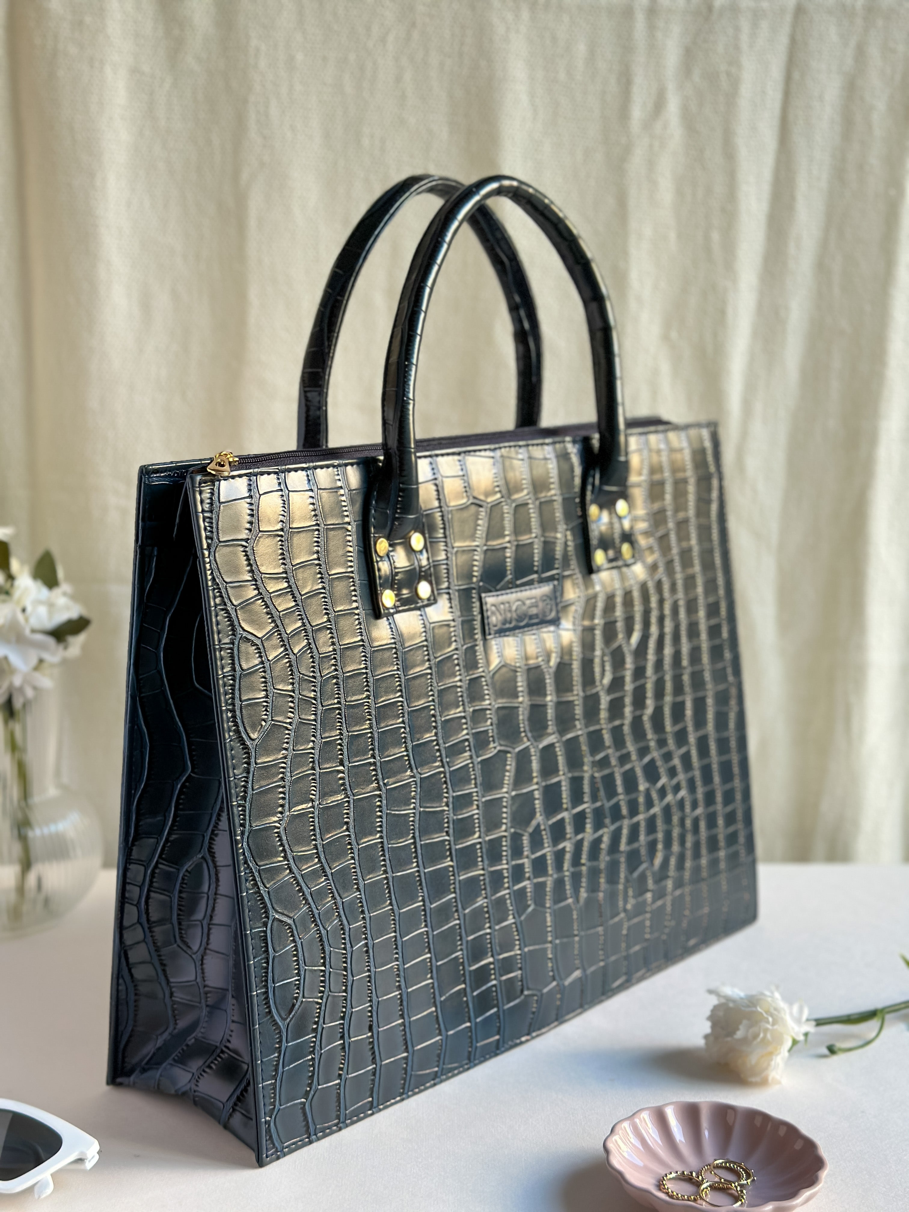 Croc Luxe Tote – Structured Work Bag – Black