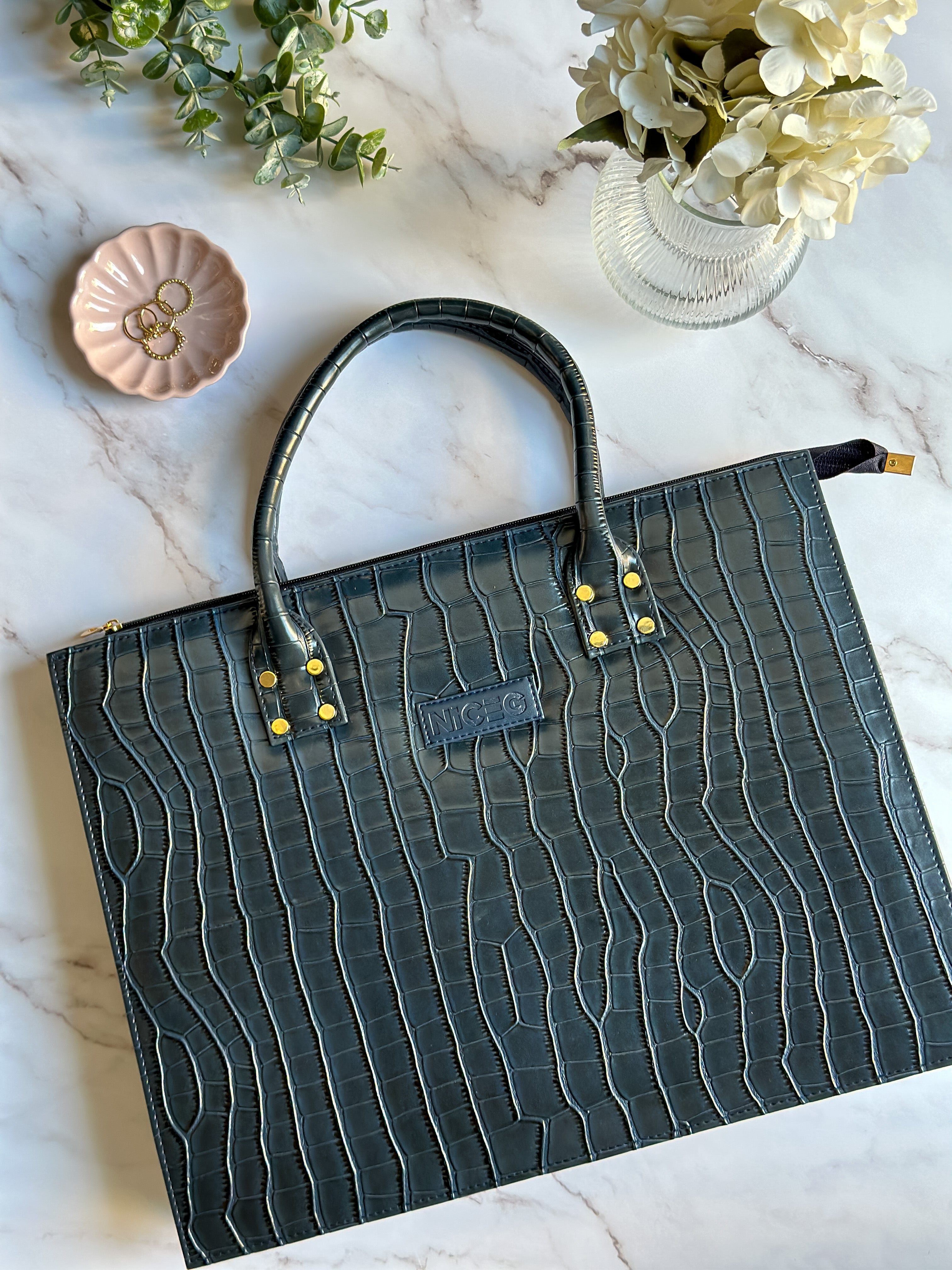 Croc Luxe Tote – Structured Work Bag – Navy